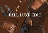 A collage showing a brown off-shoulder dress, handbag, heeled mules, and layered gold necklaces, representing the "Fall Luxe Edit" of rich brown outfits.