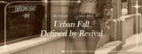 titled "Urban Fall Defined by Revival," features a modern, stylish woman in what appears to be a dark green or brown camouflage-patterned outfit. The image has a vintage, sepia-toned filter. The woman's outfit includes a crop top, a short skirt, and a mat