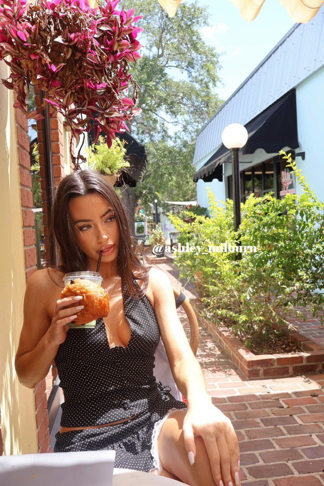 [ Revival X Ashley💗] Halter Neck Polka Dot Top & Ruffle Skirt Set