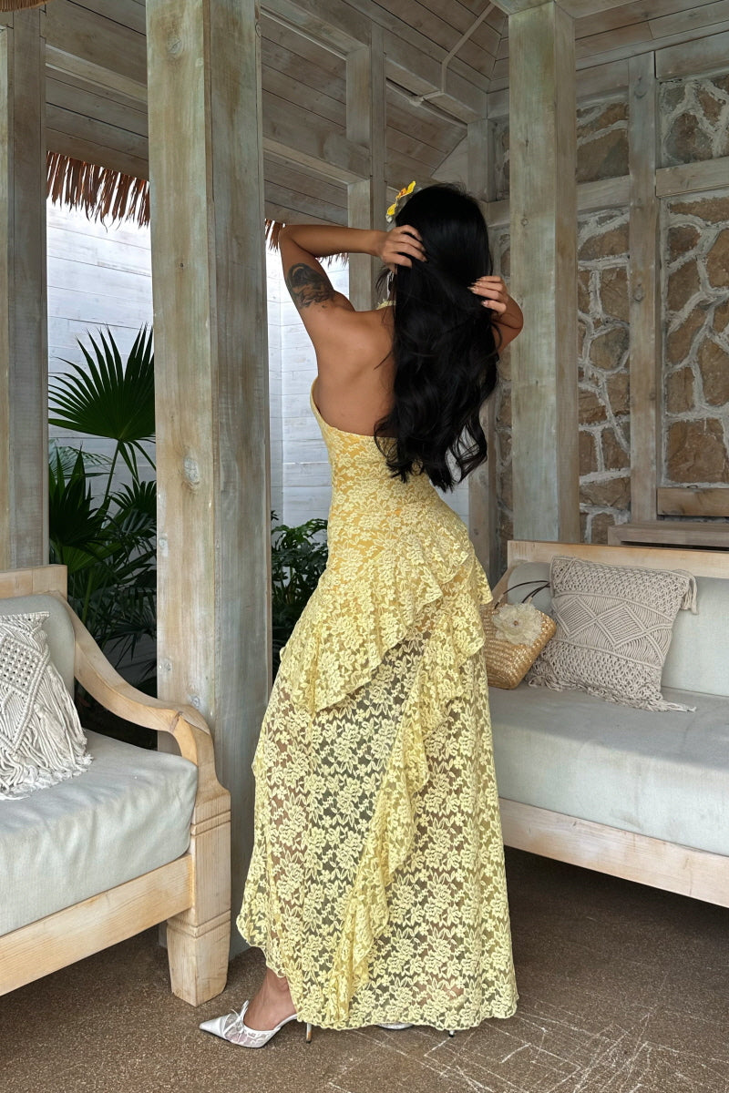 Lemon Bloom Lace Midi Dress
