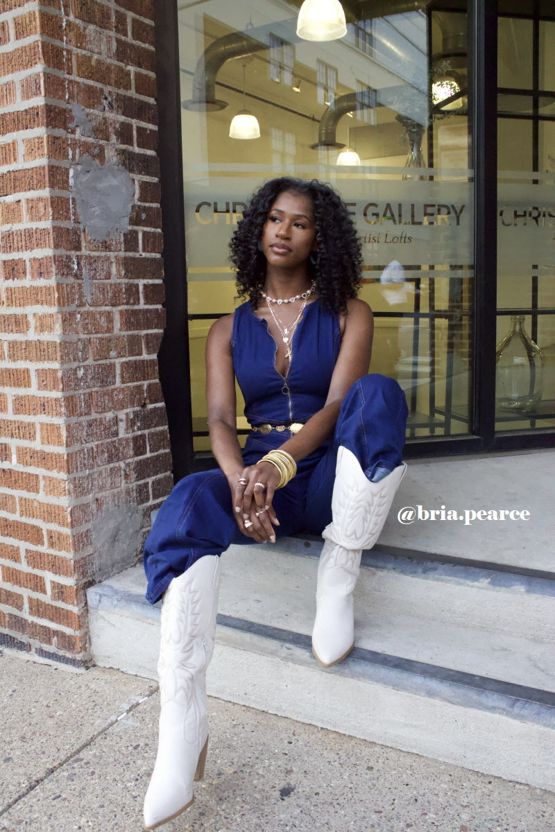 [ Revival X Bria💙 ] Heartback Zip-up Denim Jumpsuit