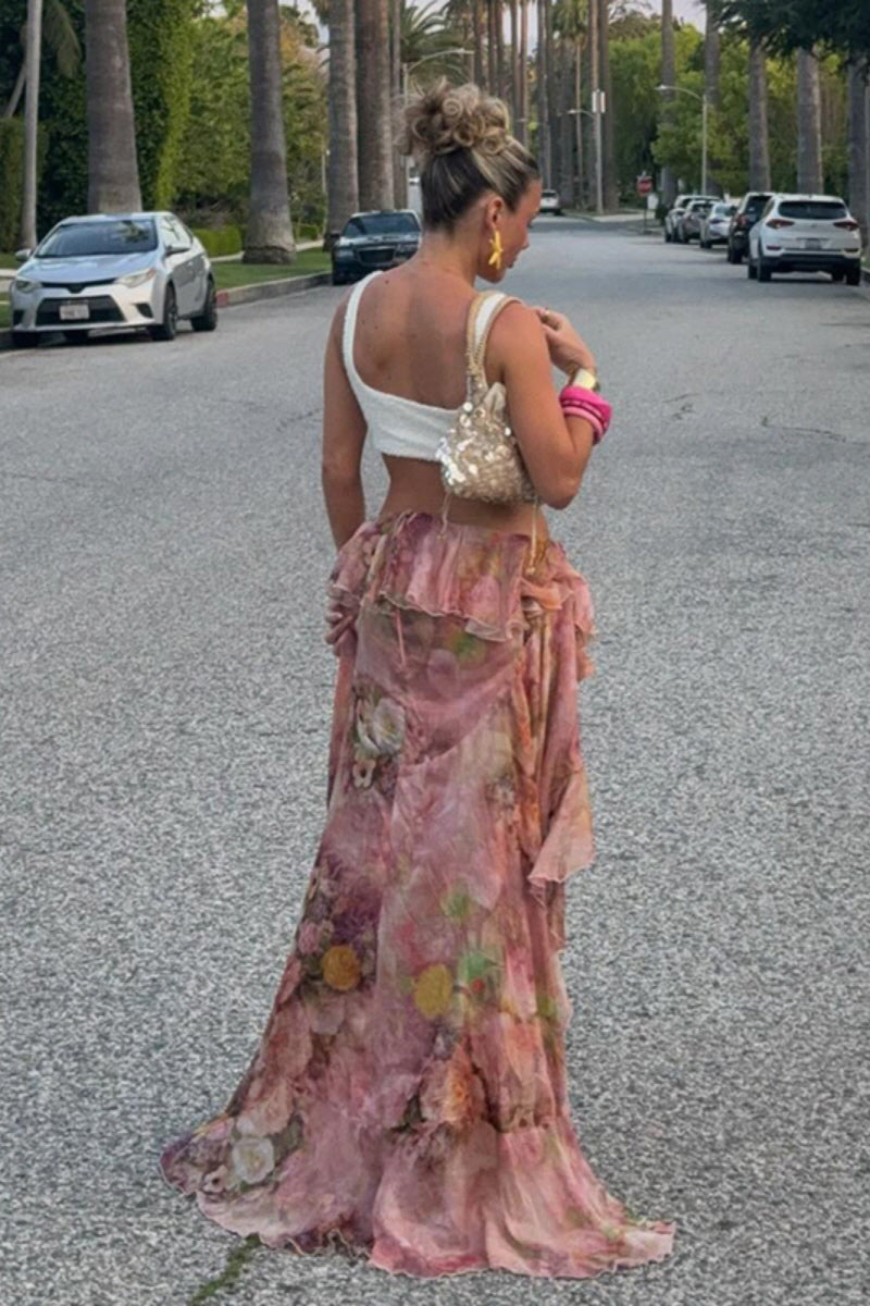 Floral Ruffle Sheer Maxi Skirt