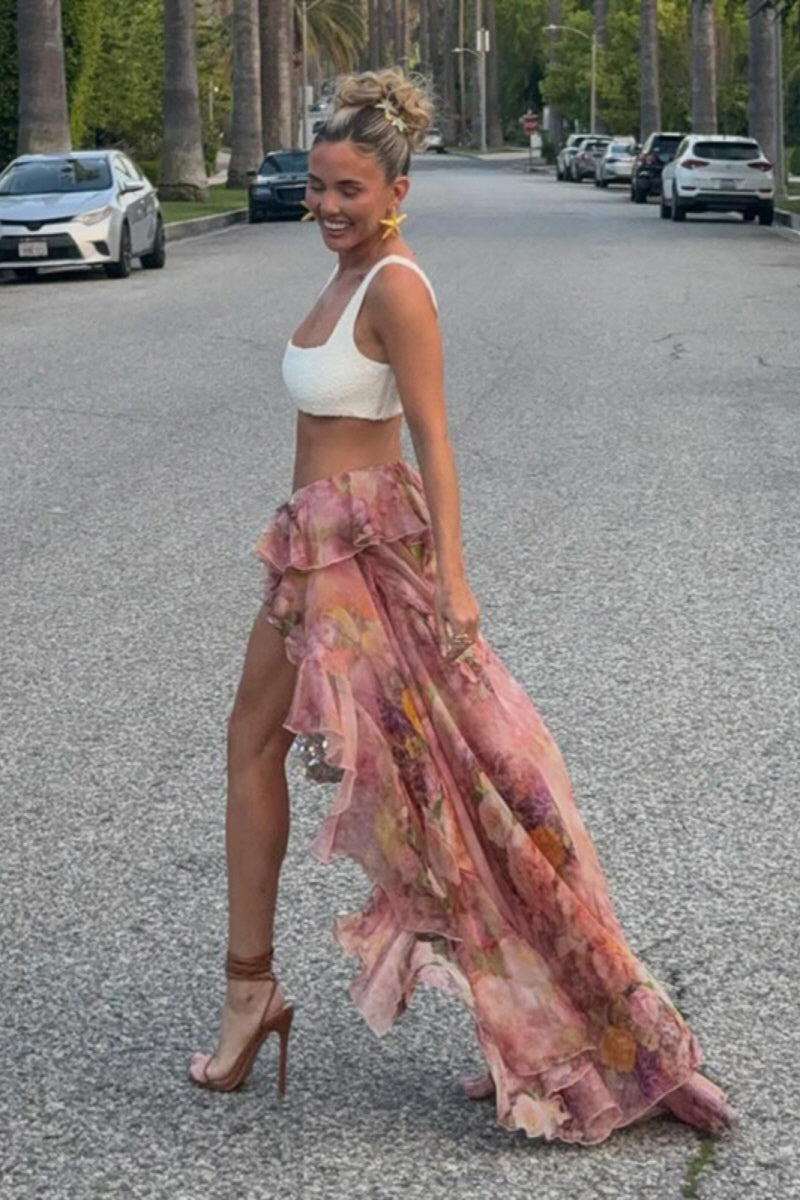Floral Ruffle Sheer Maxi Skirt