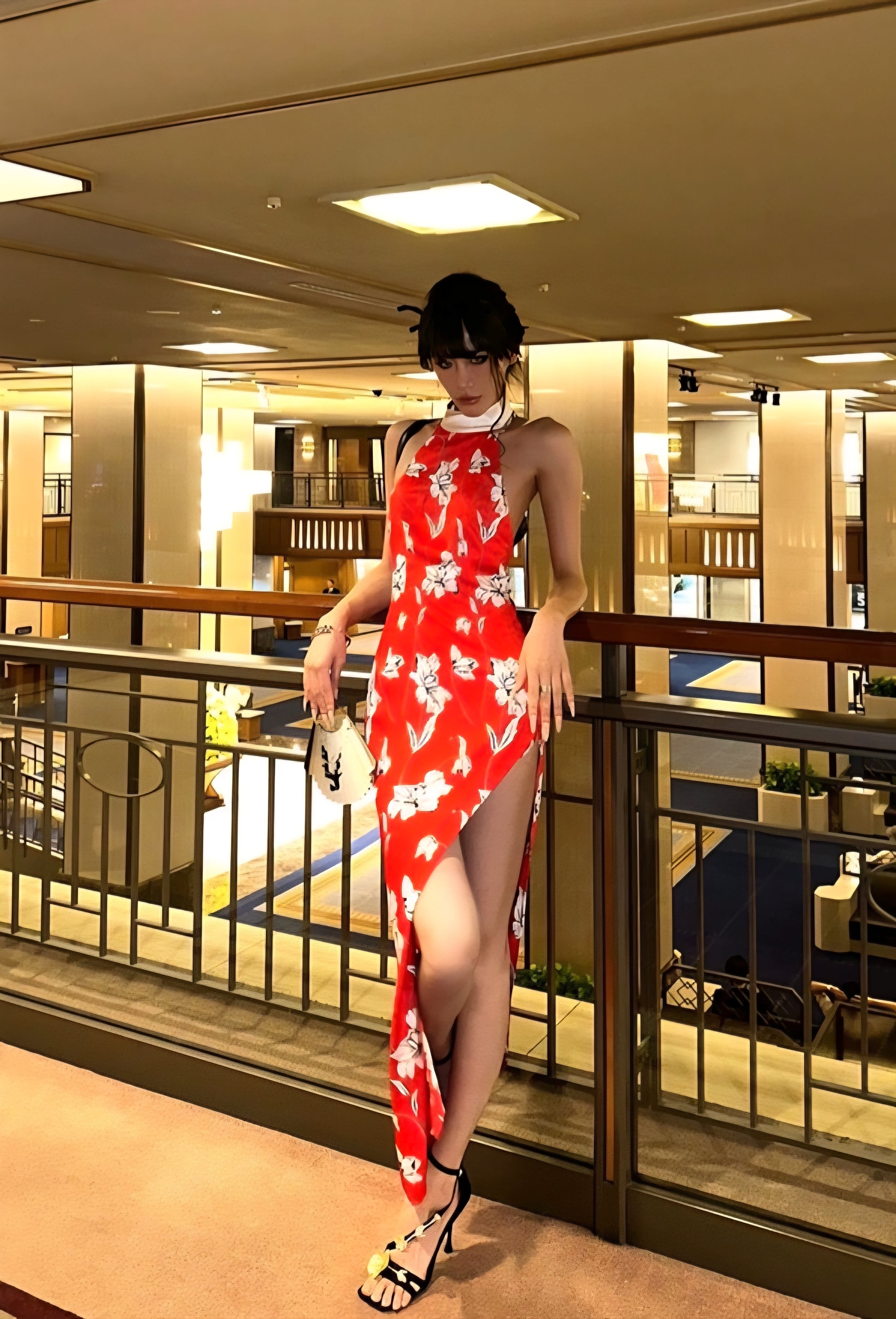 Red Bloom Slit Qipao Dress