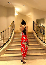 Red Bloom Slit Qipao Dress