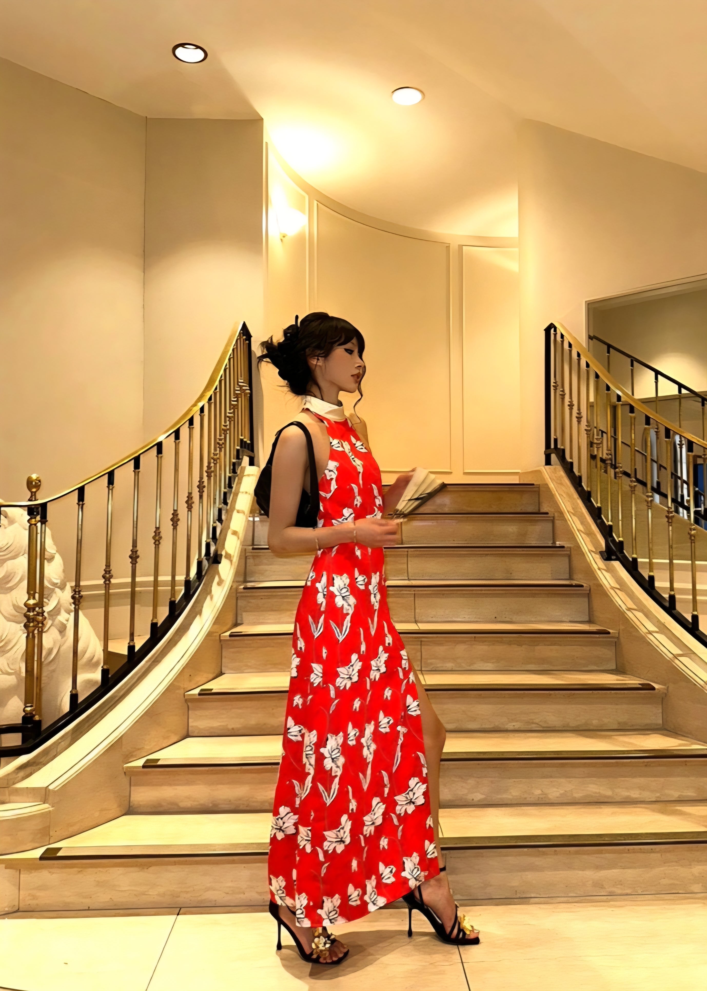 Red Bloom Slit Qipao Dress