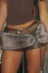 Fur Belt Leather Mini Shorts Set