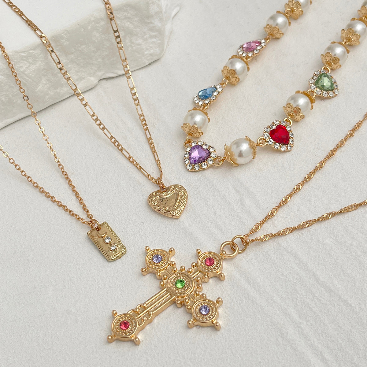 Gold Multi-Layer Pearl & Cross Necklace