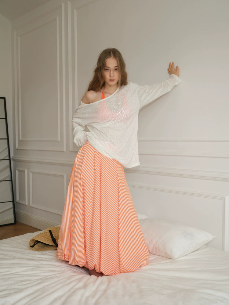 Orange Peach Striped Maxi Skirt