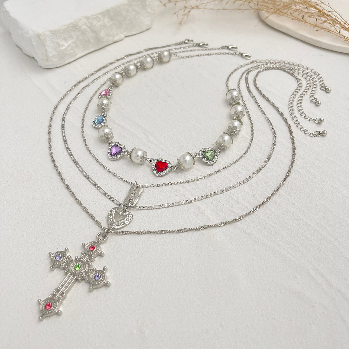 Sliver Multi-Layer Pearl & Crystal Cross Necklace