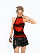 Red Chaos Mesh Halter Top