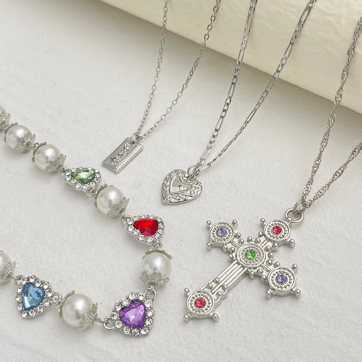 Sliver Multi-Layer Pearl & Crystal Cross Necklace