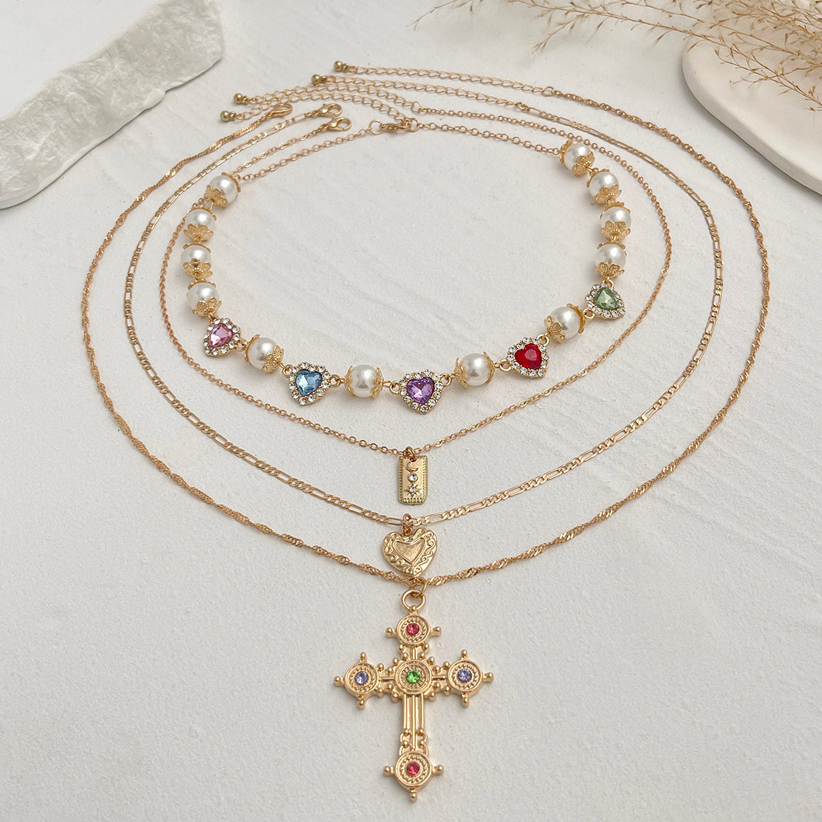 Gold Multi-Layer Pearl & Cross Necklace