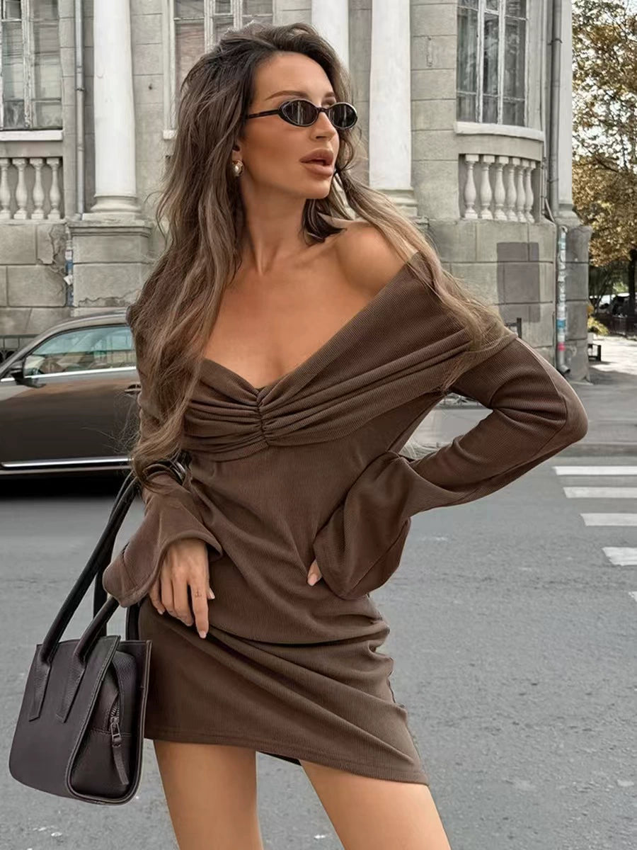 Mocha Luxe Off-Shoulder Dress