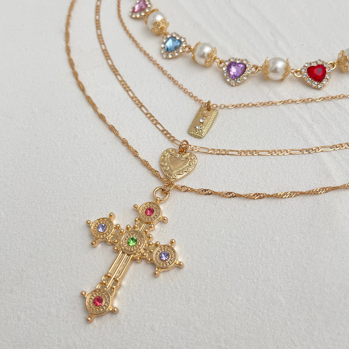 Gold Multi-Layer Pearl & Cross Necklace