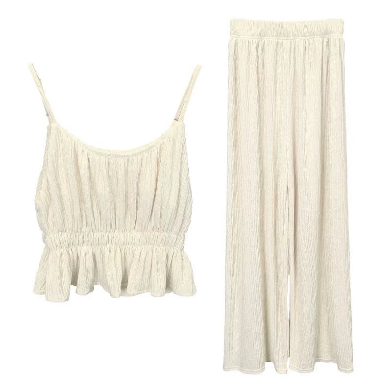 South Korea's Dongdaemun new design ruffle camisole + thin wide-leg pants fashion two-piece suit women