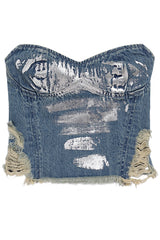 Silver Distressed Denim Corset & Pleated Skirt Set