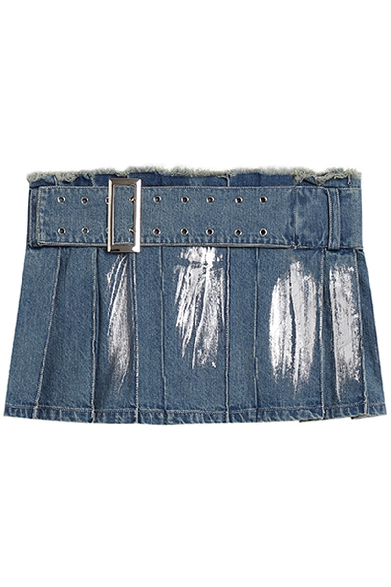 Silver Distressed Denim Corset & Pleated Skirt Set