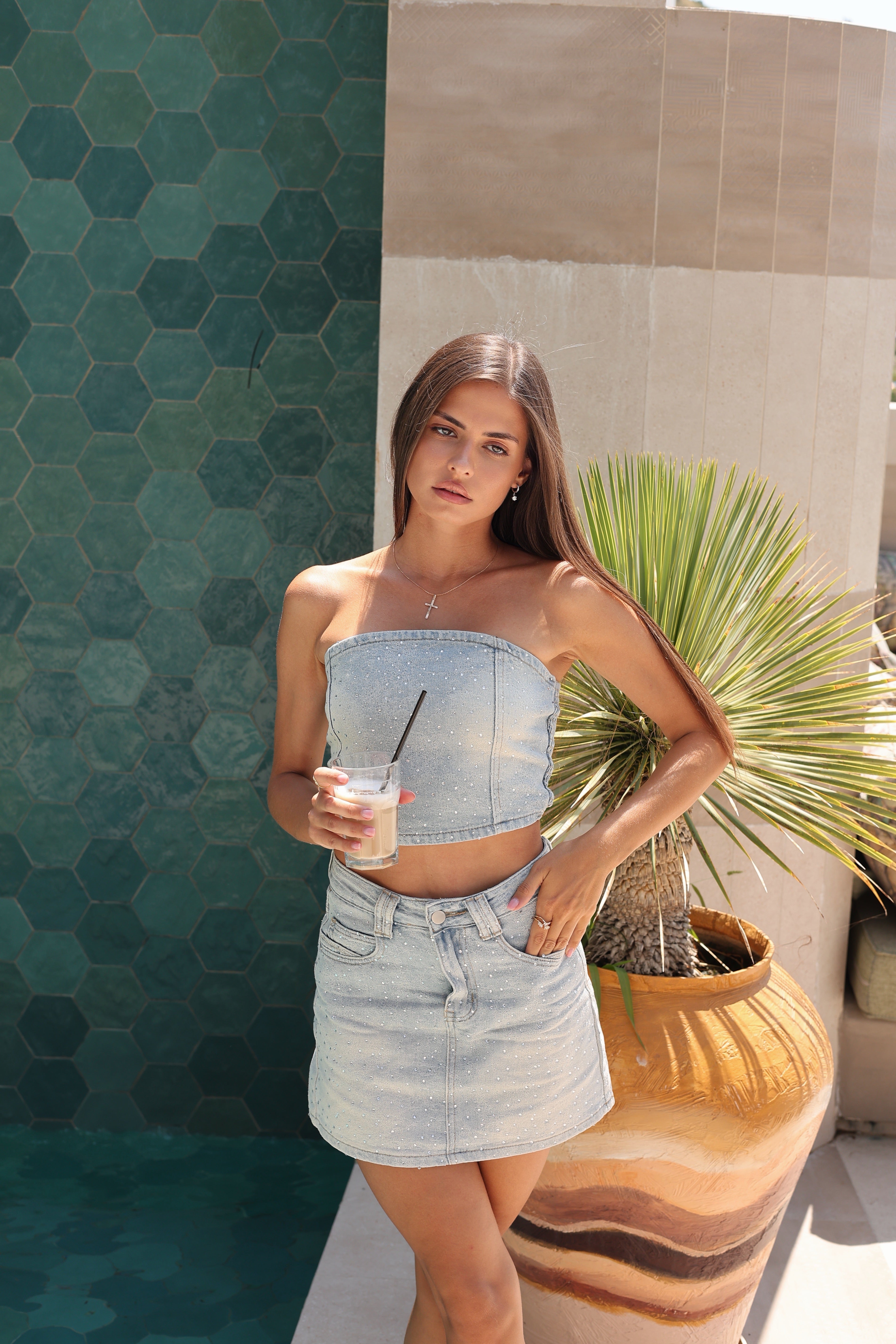Glimmer Denim Top & Skirt Set